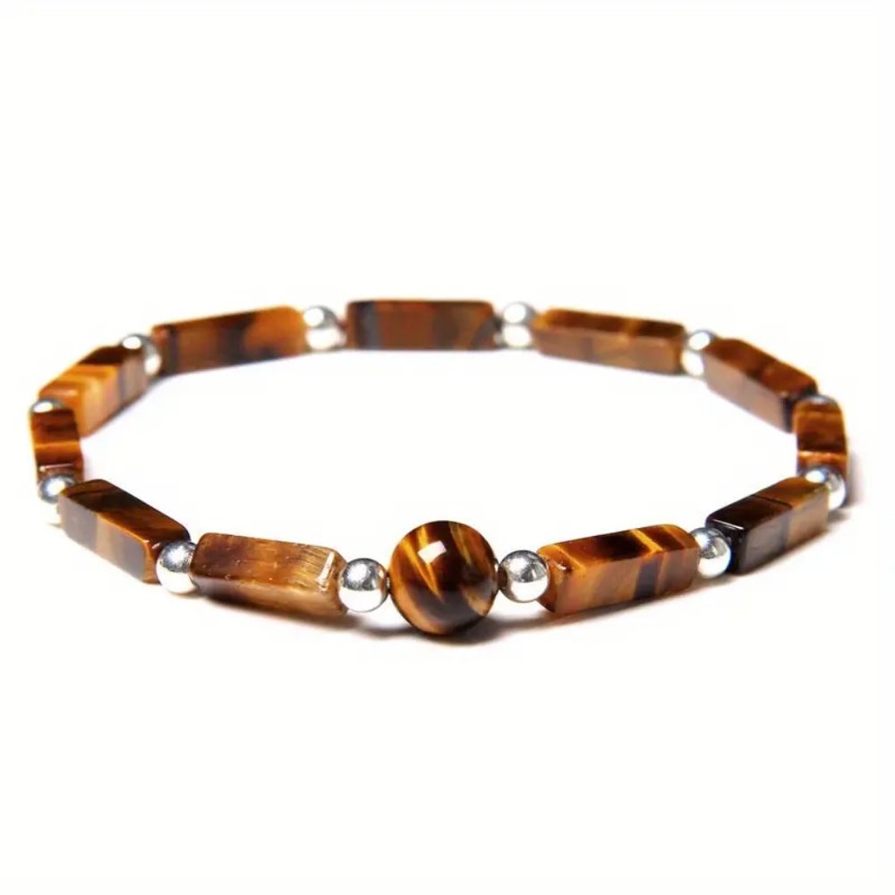 Tiger Eye Natural Stone Rectangular Beads Stretchable Bracelet Woven Beaded